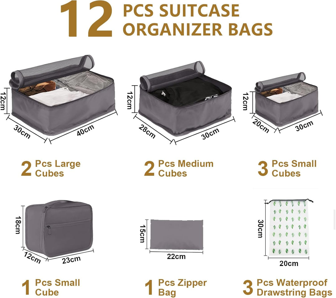 Grosse Koffer Organizer Set 12-teilig, Wasserdichte Packwürfel, Travel Organizer zum Gepäckpacken, F
