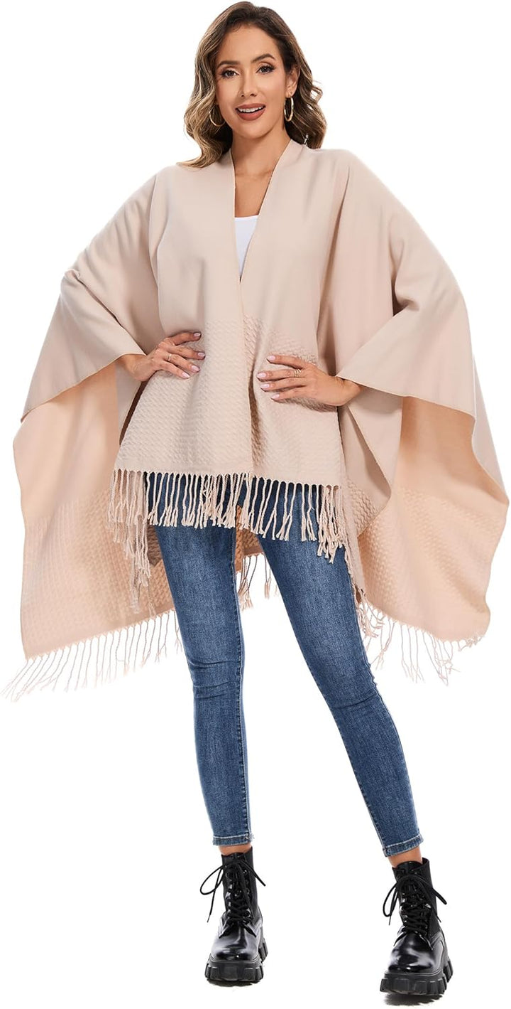 Damen Poncho Schal, Strick Cape Umhang mit Offener Front, Elegante Stola Pashmina Poncho-Decke für F