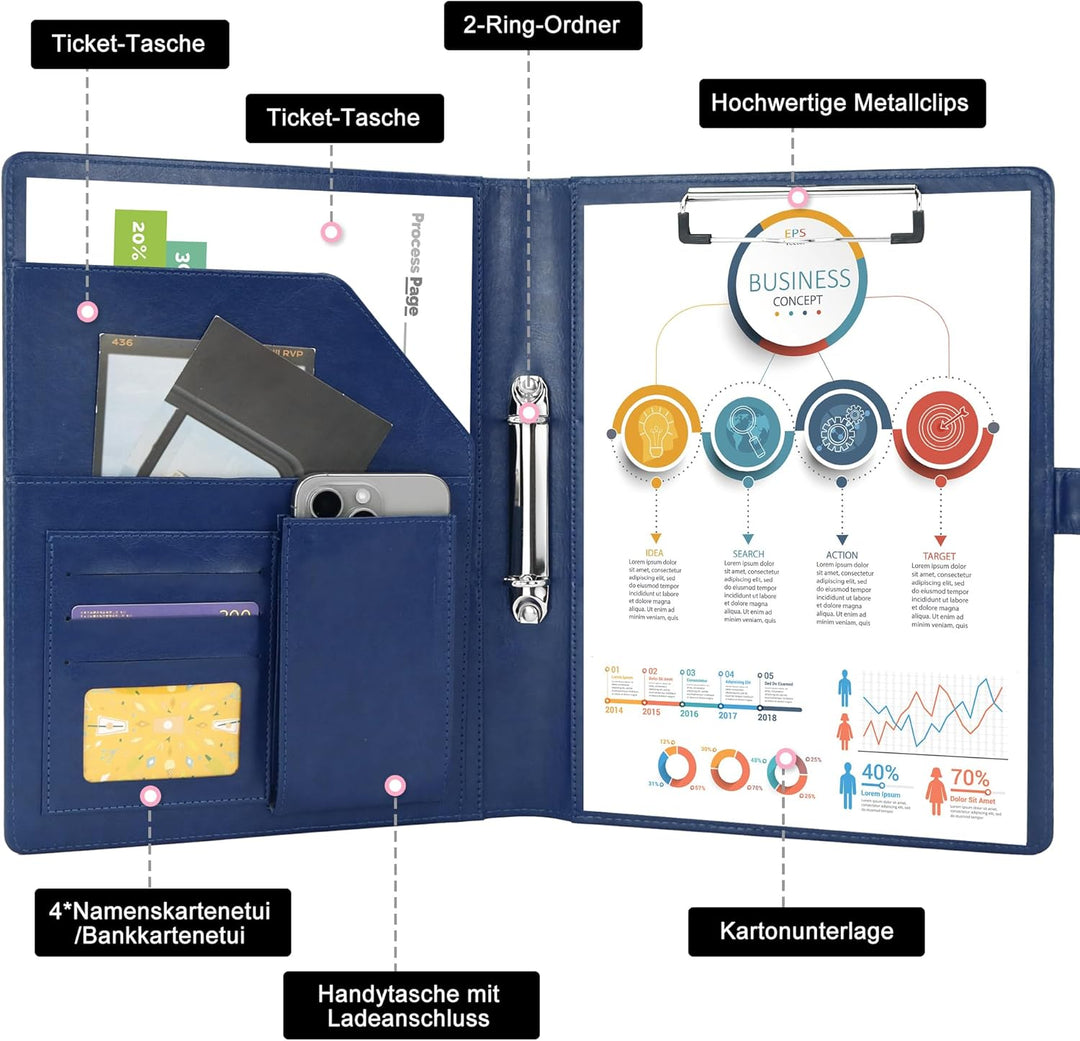 Schreibmappe 2 Ringbuch A4 Konferenzmappe Magnetischer Verschluss Wasserdicht Organizer Mappe Dokume