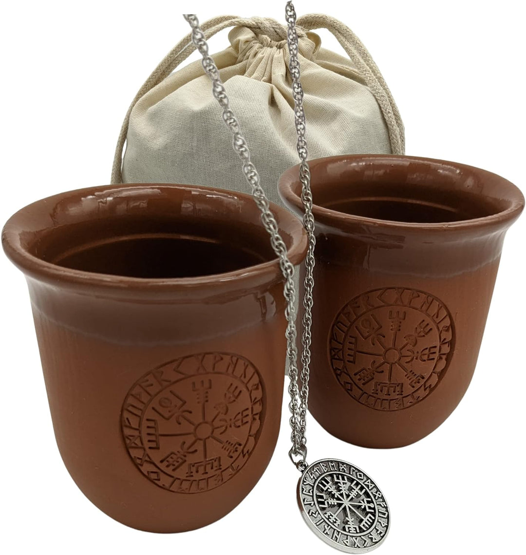Tonbecher Set Vegvisir - Keramik Becher mit Gravur, Mittelalter Kaffeebecher, 200 milliliters