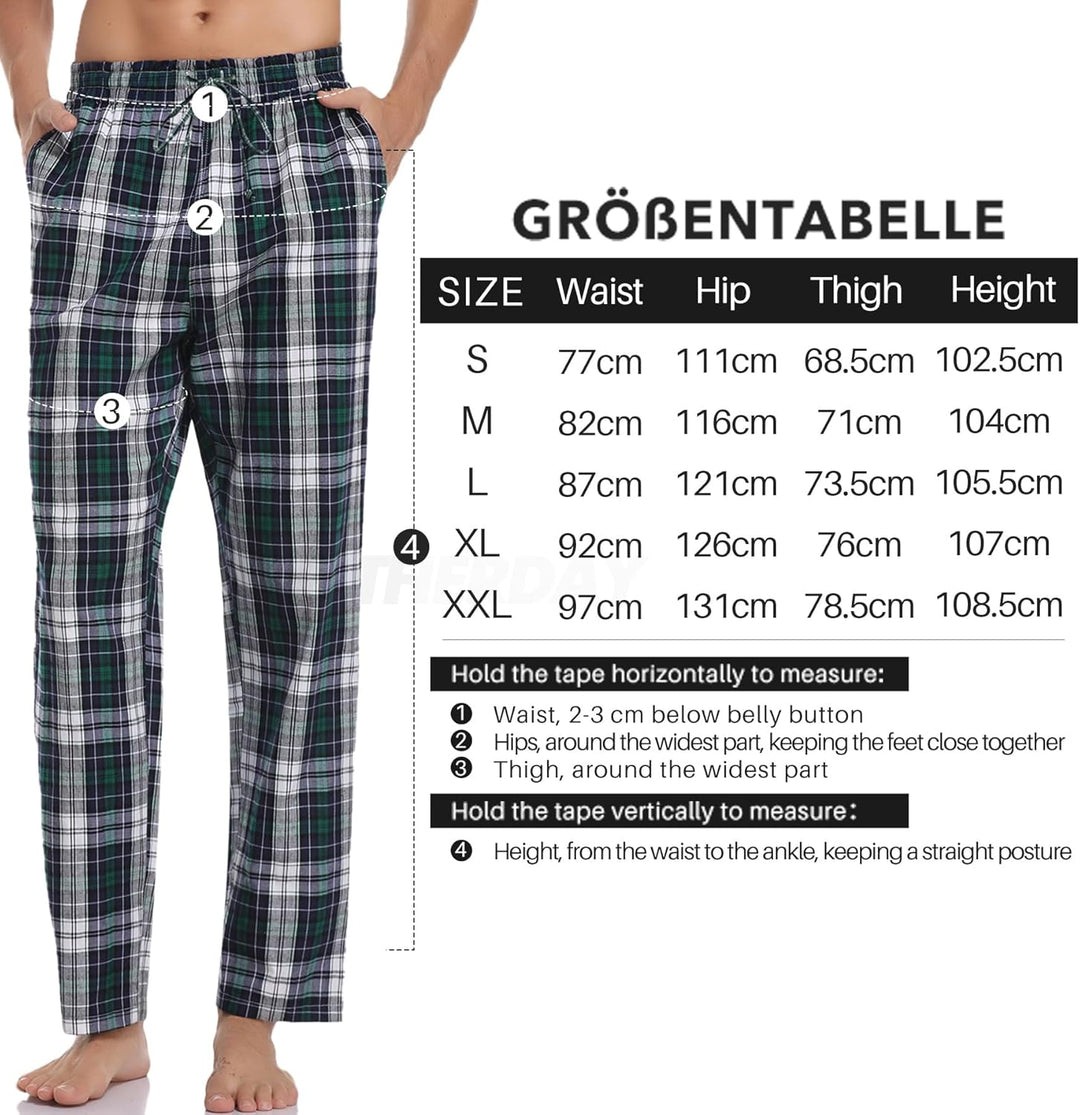 Litherday Schlafanzughose Herren Lang Kariert Pyjamahose 100% Baumwolle Nachtwäsche hose mit Taschen