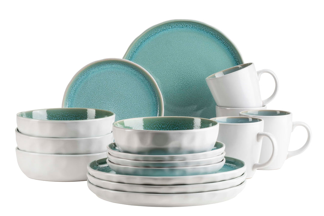 MÄSER Serie Elea, 16-tlg. Kombiservice für 4 Personen im Vintage-Look, türkis, Steinzeug Hellgrün, H