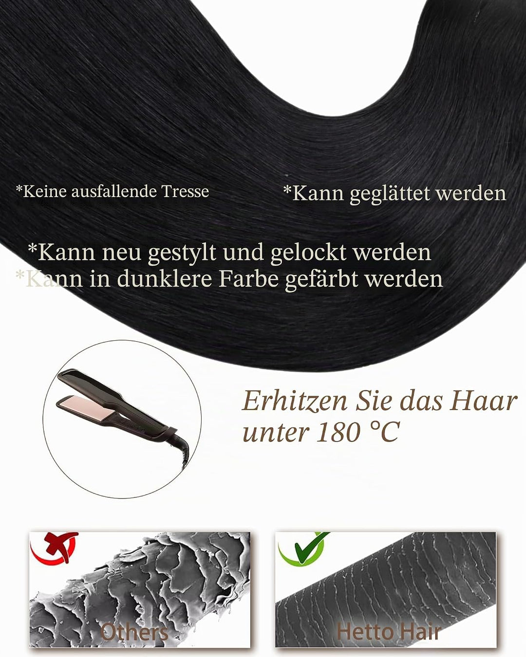 Hetto Extensions Tressen Echthaar Sew in Echthaar Tressen Extensions 40cm Schwarz Tressen Extensions