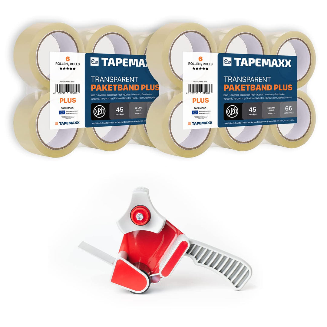 TAPEMAXX ROLLER 1 Abroller Set mit 12 Rollen TAPEMAXX PLUS Paketklebeband Transparent Leise 48mm x 6