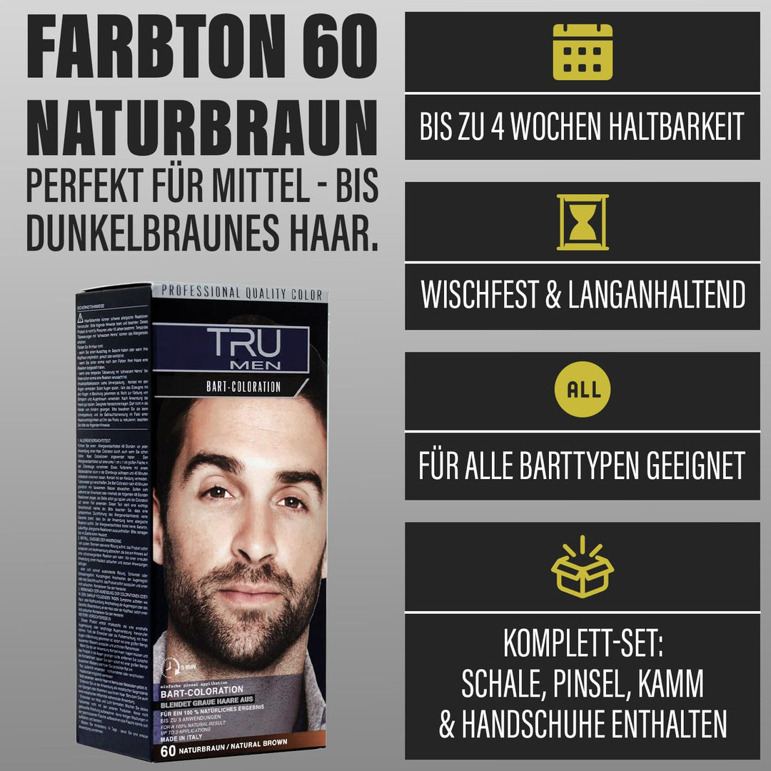 TRU Men Bart-Coloration Färbemittel, 30ml (60 - Naturbraun) 3er Pack – Perfekte Abdeckung grauer Haa