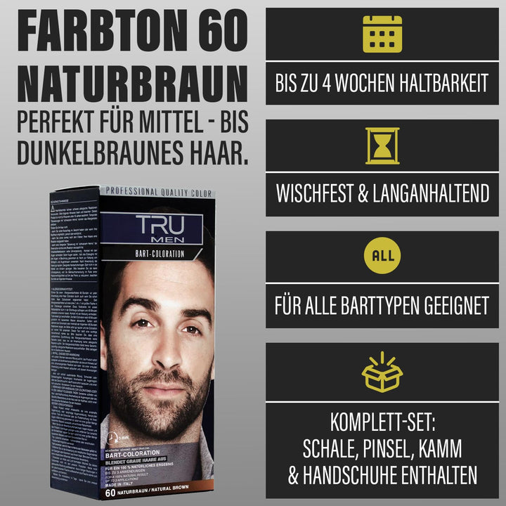 TRU Men Bart-Coloration Färbemittel, 30ml (60 - Naturbraun) 3er Pack – Perfekte Abdeckung grauer Haa