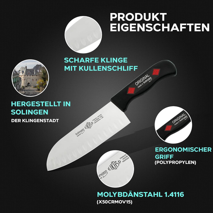 EIKASO Solingen Santokumesser mit Kullen 16cm Klinge aus Molybdänstahl 1.4116 Fleischmesser Allzweck