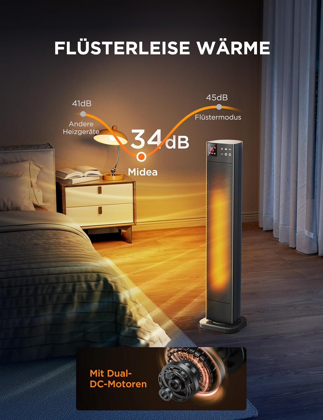 Midea Elektroheizung Keramik 2000W mit Thermostat, 3 Modi 24h-Timer, Überhitzungs- & Kippschutz, Sof