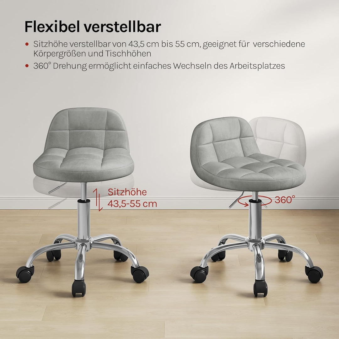 WOLTU Bürohocker mit Rollen, Schminktisch Stuhl, Samt, Hellgrau | Höhenverstellbar, Um 360 Grad dreh