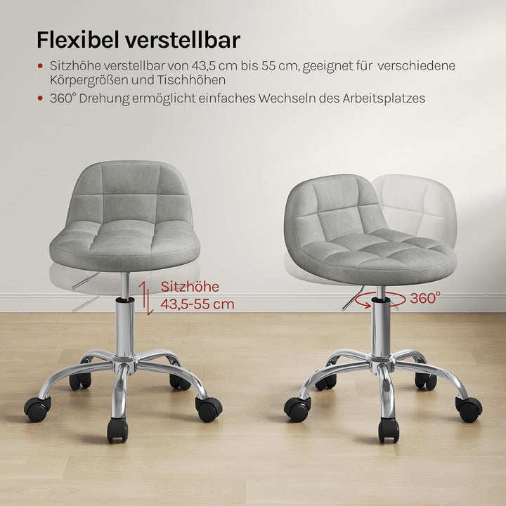 WOLTU Bürohocker mit Rollen, Schminktisch Stuhl, Samt, Hellgrau | Höhenverstellbar, Um 360 Grad dreh