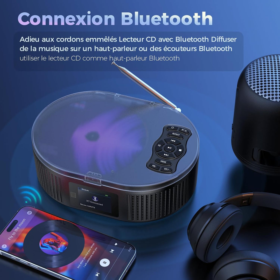 Desobry Tragbarer CD-Player mit Bluetooth, Grossem LCD-Display, Akku, Lautsprecher, AUX, USB, UKW-Ra