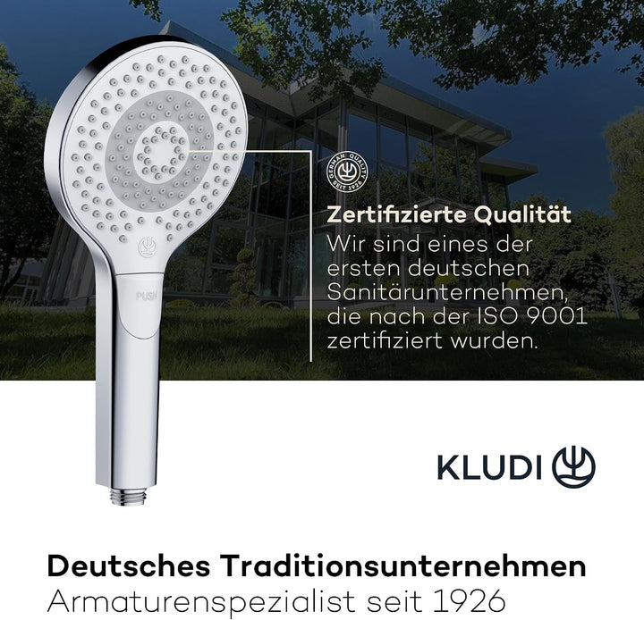 KLUDI-X3 Universal Duschkopf mit Schlauch, Duschbrause optional wassersparend mit 3 Strahlarten (Bod