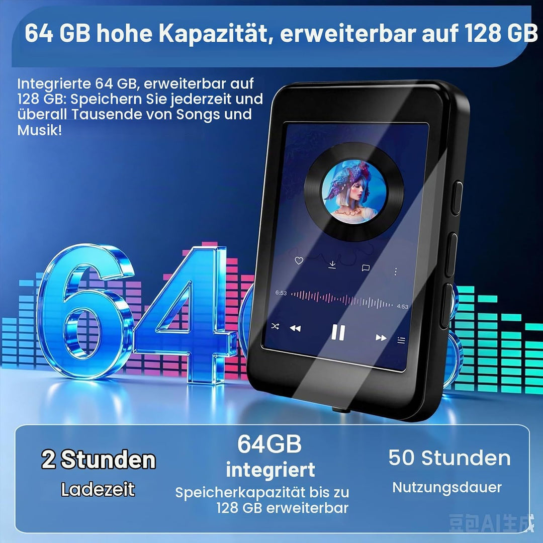 MP4 Player 64 GB, Bluetooth 5.3 2,4 Zoll Touchscreen Tragbarer MP4-Player