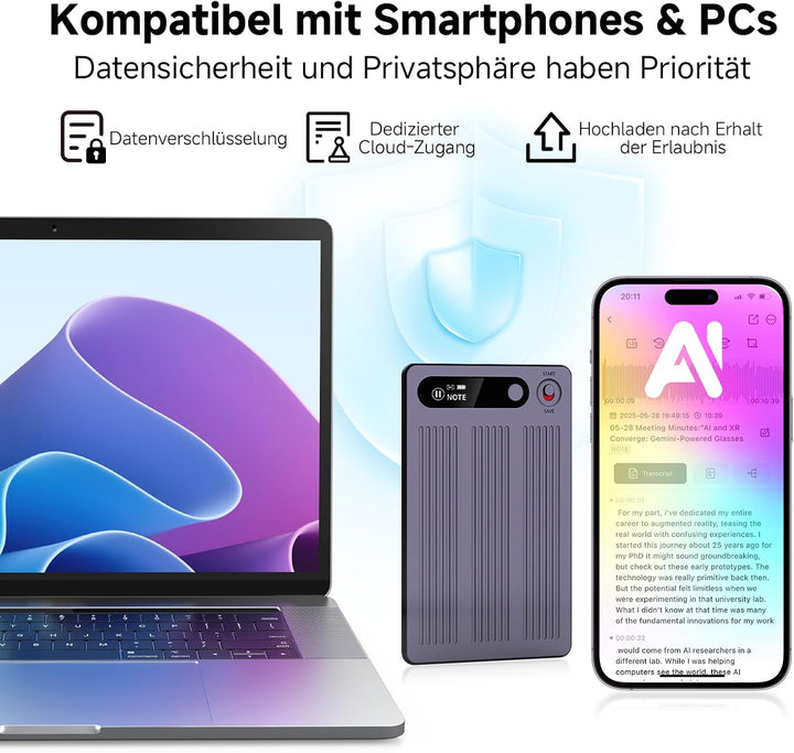 NUASI KI Digitales Diktiergerät mit Hülle, Transkribieren und Zusammenfassen, App-Steuerung, One-Tou