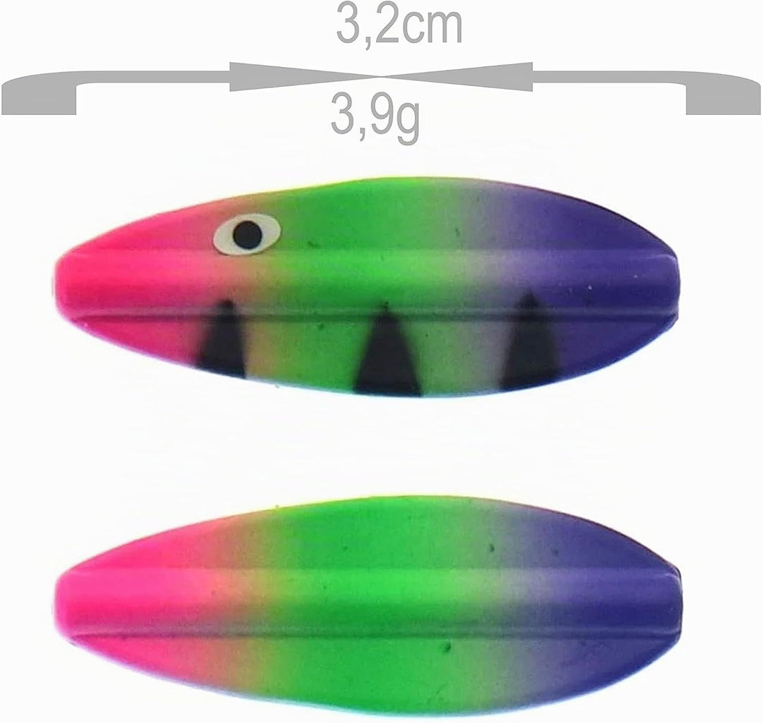Njord Kalastus Durchlaufblinker Set in Box 3,9g | Inline Spoon Forelle UV Aktiv und Selbstleuchtende