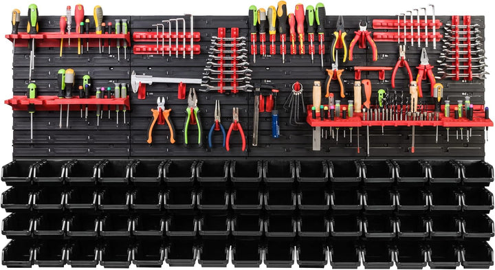 Lagersystem Werkstattregal | 156 x 78 cm | 60 stck. Box | Wandregal mit Werkzeughalterungen und Stap