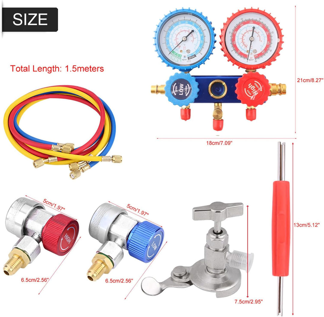 SOULONG R134a Manometer mit dreifarbigen Ladeschläuchen und Adapter, für Klimaanlagen im Auto