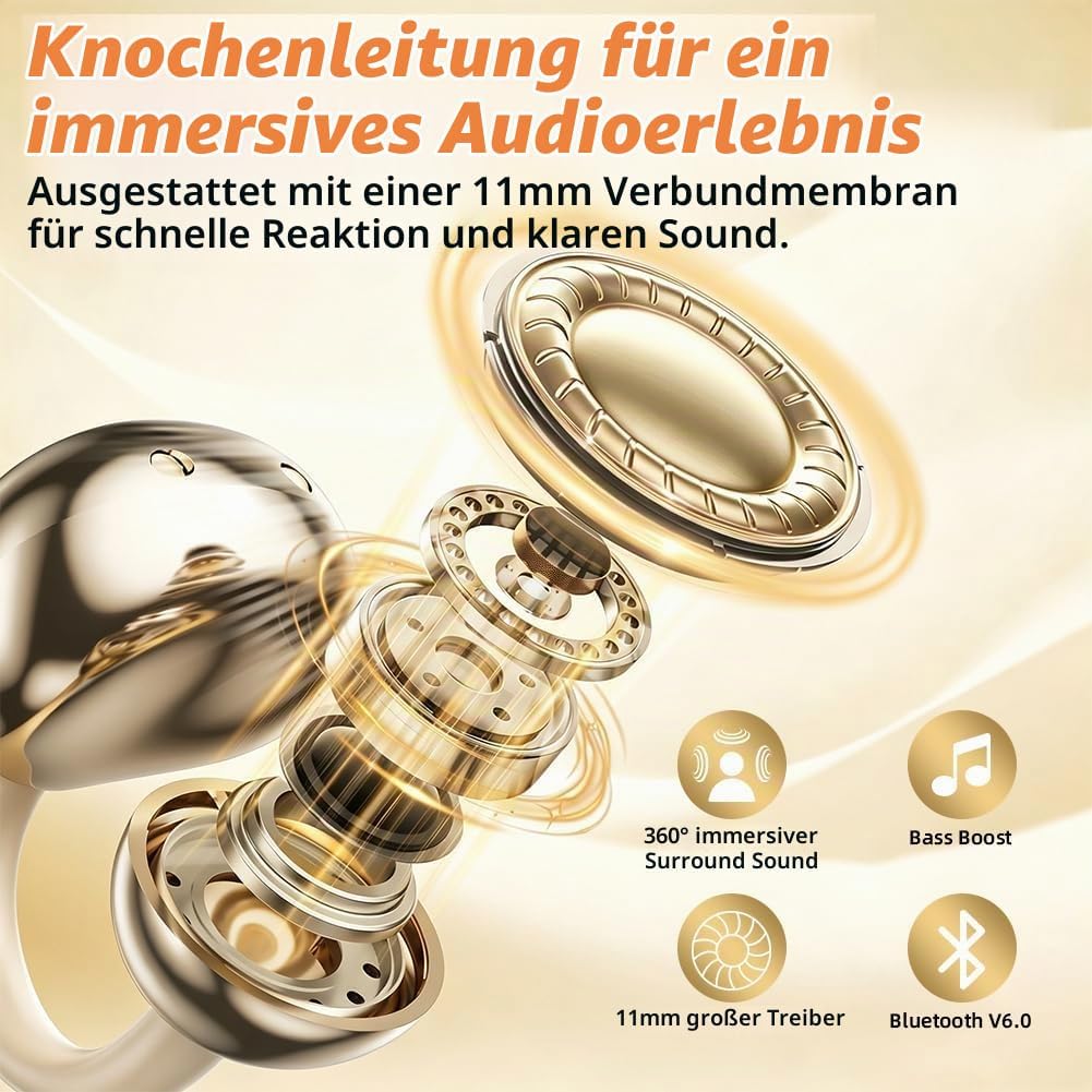 Bluetooth-Ohrhörer zum Aufclipsen mit Ladecase und kleinem Kosmetikspiegel, Bluetooth 6.0, Knochenle