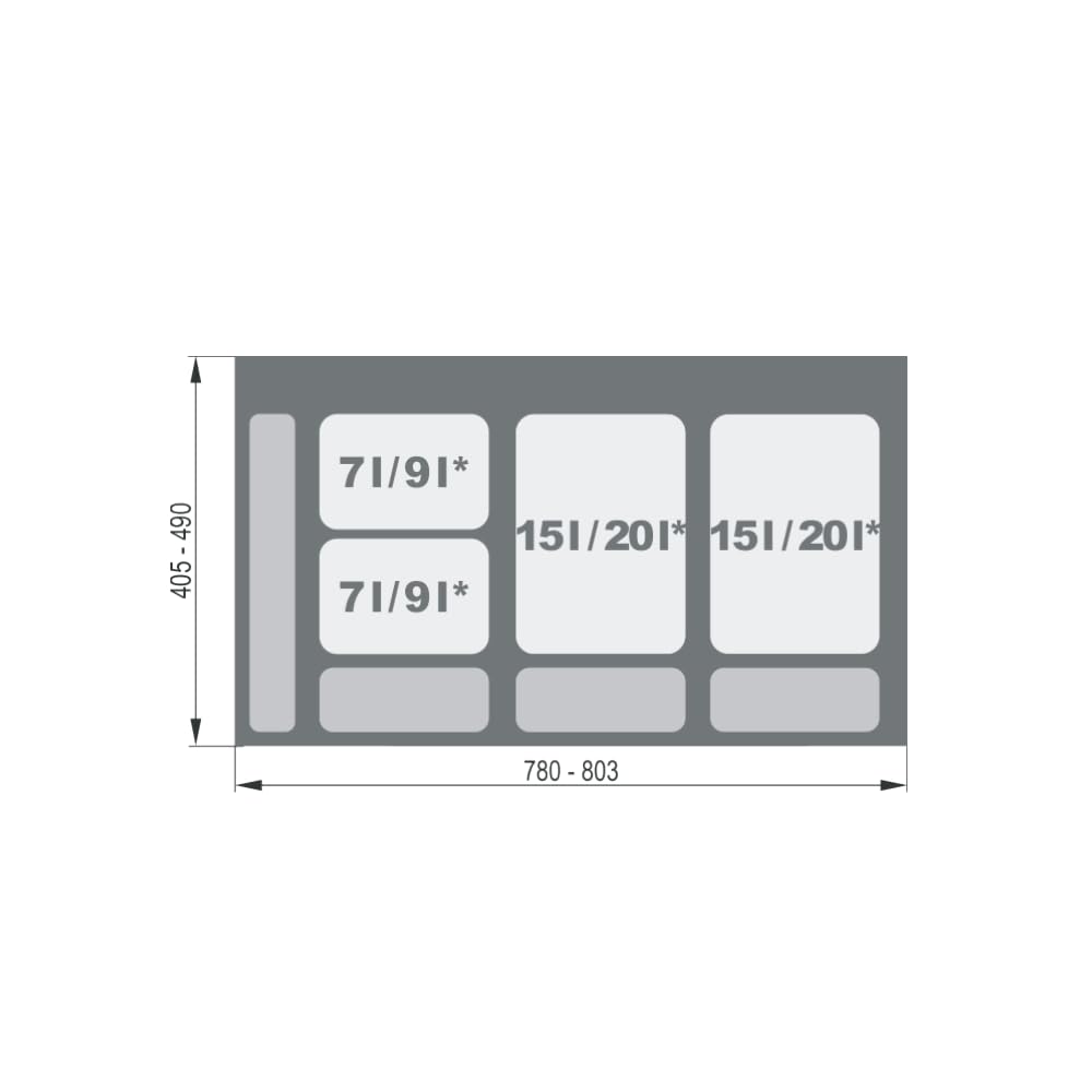 Mülltrennsystem Küche für 90 cm Schrank 4-fach 80,3x49x30 cm (2x 15L + 2x 7L) mit Deckel Einbau Abfa
