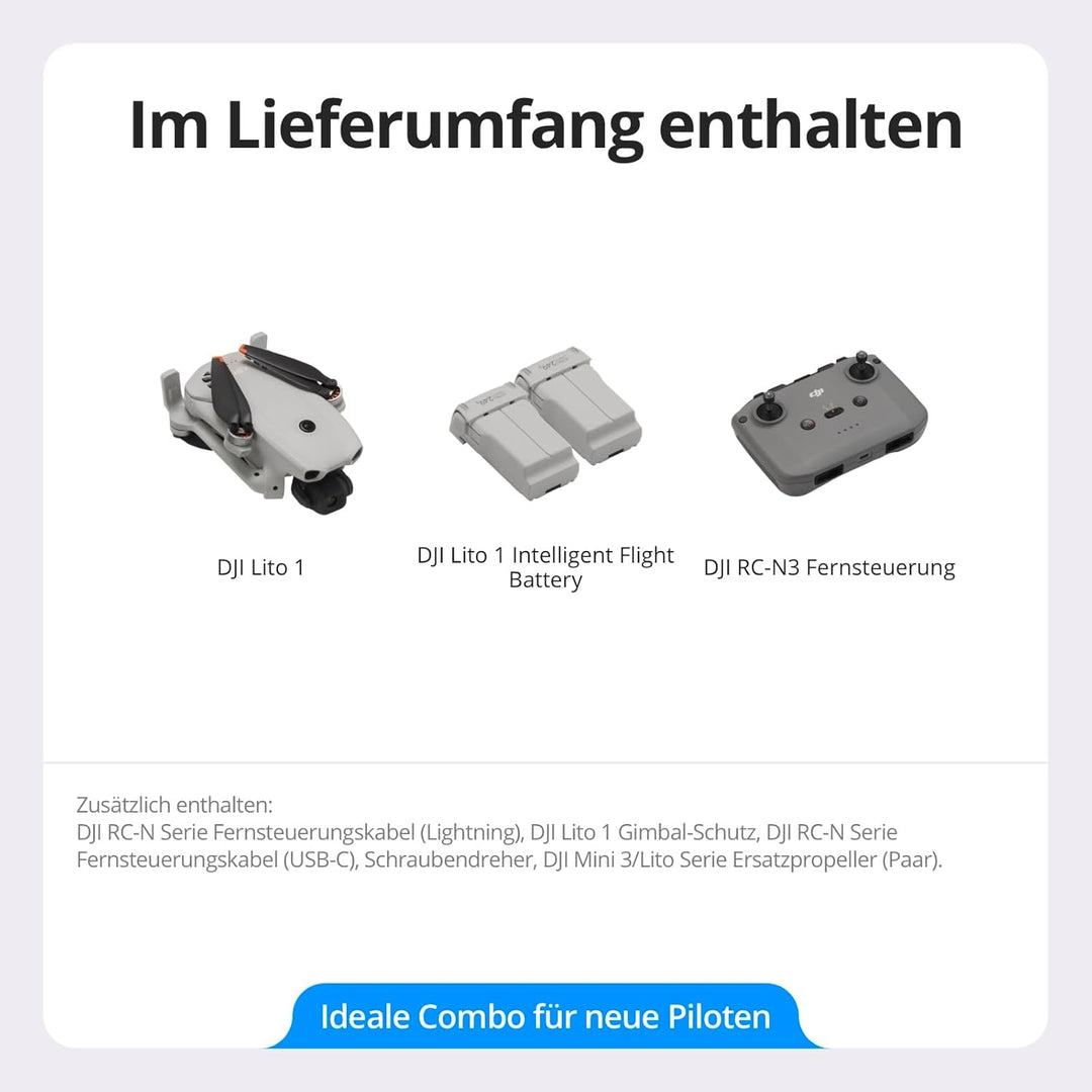 DJI Lito 1 Combo mit zwei Akkus mit DJI RC-N3, Drohne mit 4K Kamera für Einsteiger, Hinderniserkennu