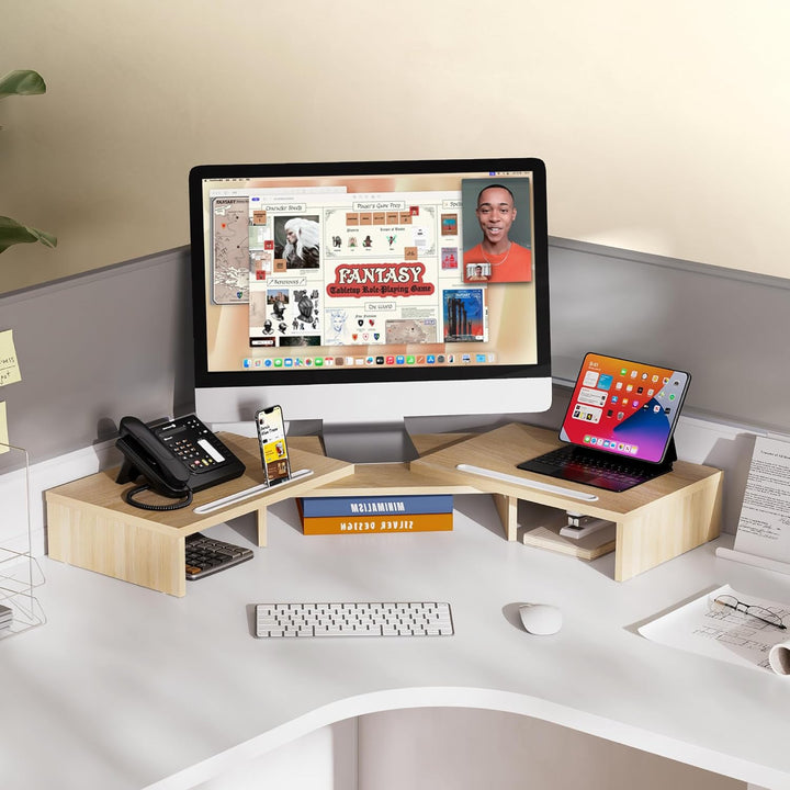 FITUEYES Dual Monitor Ständer Holz Drehbar Länge Verstellbar mit Halteschlitz für Smartphones Tablet
