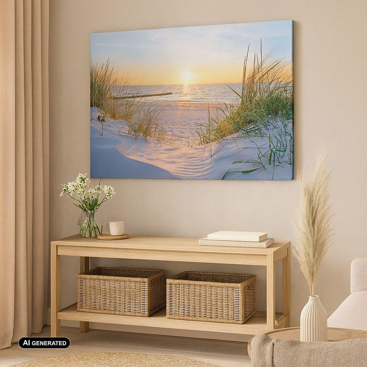 Bilder auf Leinwand 100x70cm Leinwandbild mit Rahmen Düne Strand Meer Gross Wanddeko Bild Schlafzimm