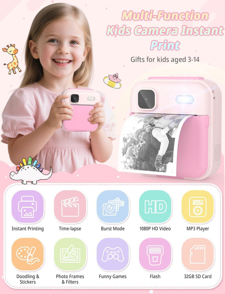 YOHOOLYO Sofortbildkamera Kinder 2,4 Zoll 1080P HD Kinderkamera mit 3 Rollen Druckpapier 32GB Karte