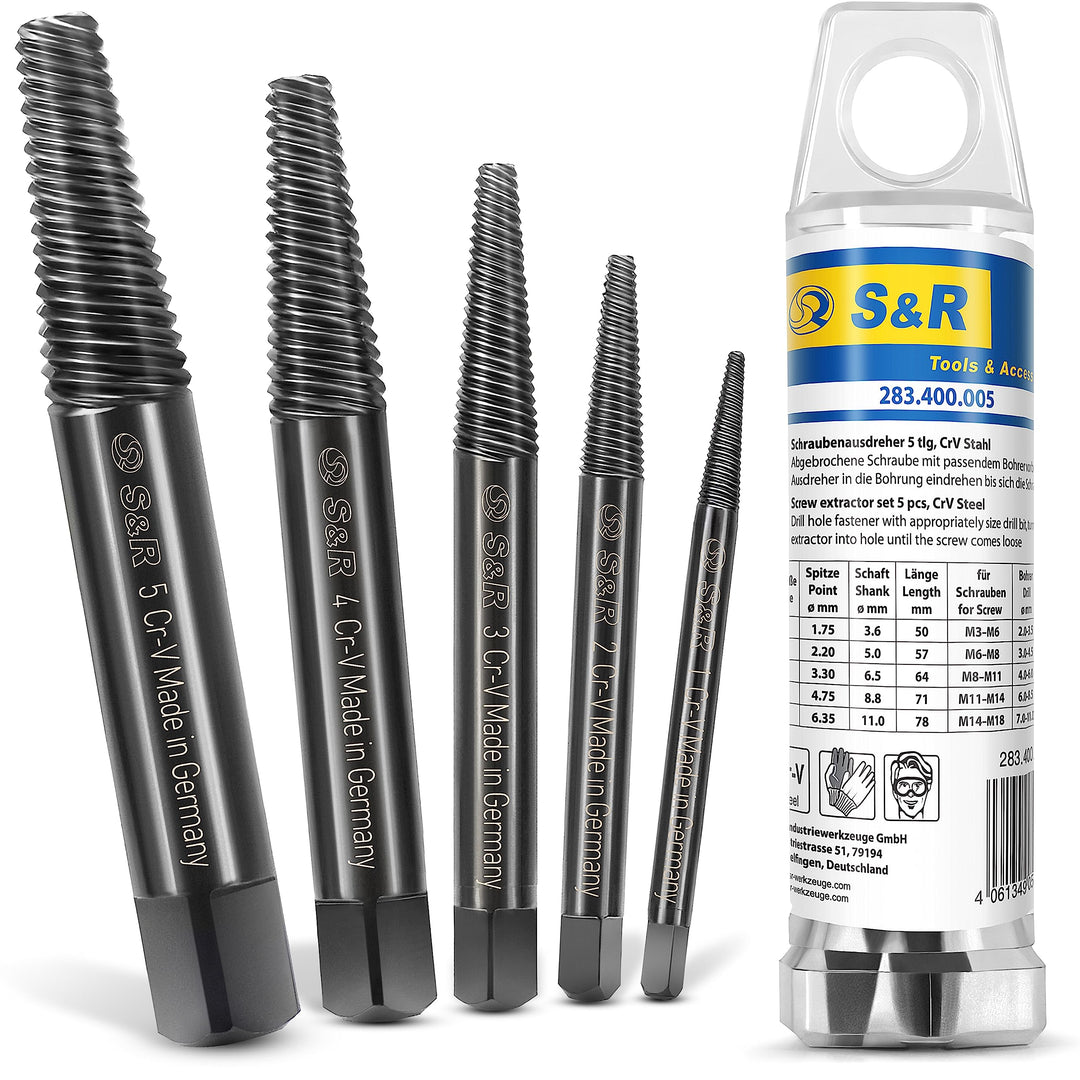 S&R Schraubenausdreher Set/MADE IN GERMANY/Linksausdreher-Satz, 5-tlg. aus hitzegehärtetem, geschmie