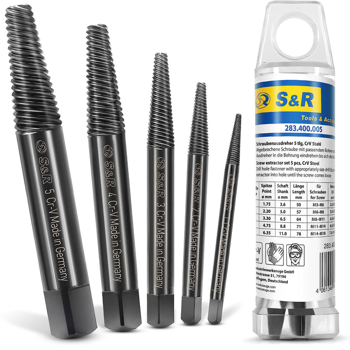 S&R Schraubenausdreher Set/MADE IN GERMANY/Linksausdreher-Satz, 5-tlg. aus hitzegehärtetem, geschmie
