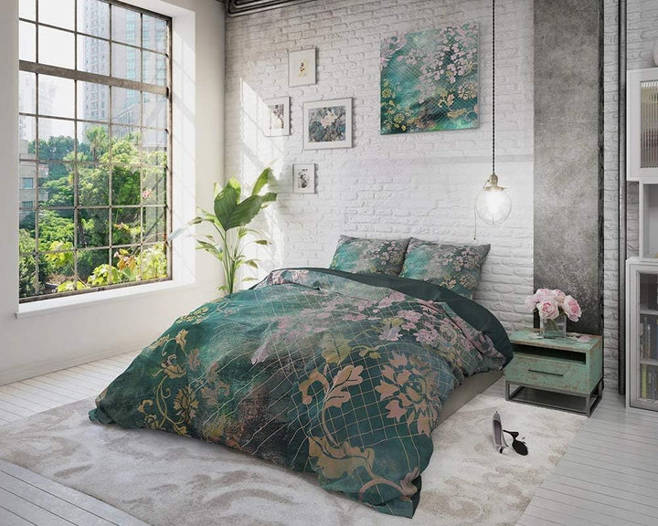 Sleep TIME Bettwäsche 100% Baumwolle, Grün, Blume Werfen, 200cm x 220cm, Mit 2 Kissenbezüge 60cm x 7