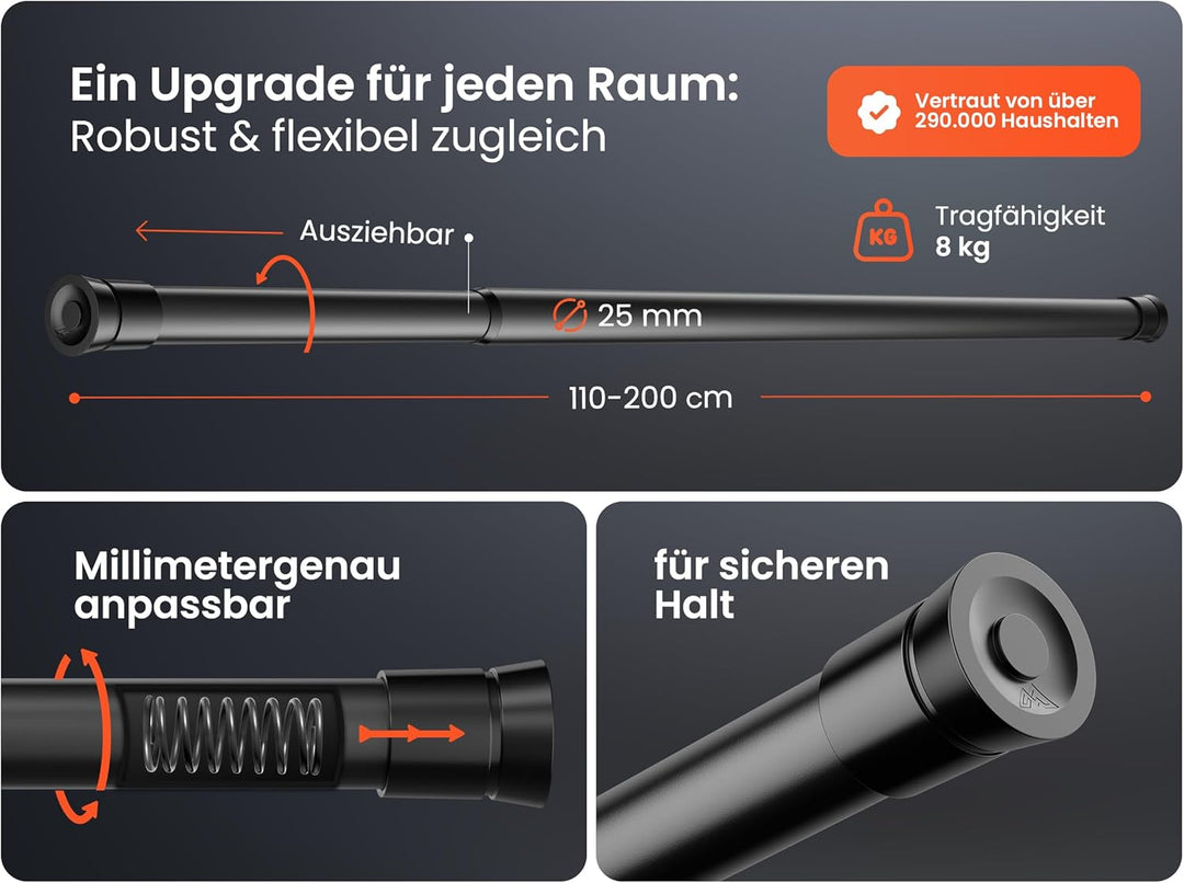 MEISENBERG Gardinenstange ohne Bohren 110-200cm - Klemmstange für Gardinen - Teleskopstange Vorhang