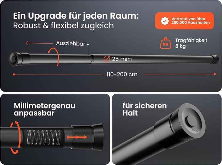 MEISENBERG Gardinenstange ohne Bohren 110-200cm - Klemmstange für Gardinen - Teleskopstange Vorhang