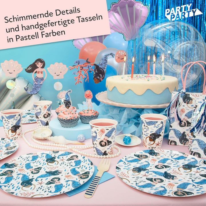 PARTY PARTY 107 Teile glitzerndes Meerjungfrau PARTYGESCHIRR + GESCHENKTÜTEN + CUPCAKE TOPPER + GIRL