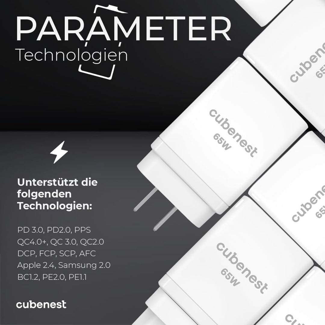 CubeNest 65W Reise PD Ladegerät, 2-Port USB C + USB A, PD 3.0, mit GaN Tech USB C Netzteil, Schnelle