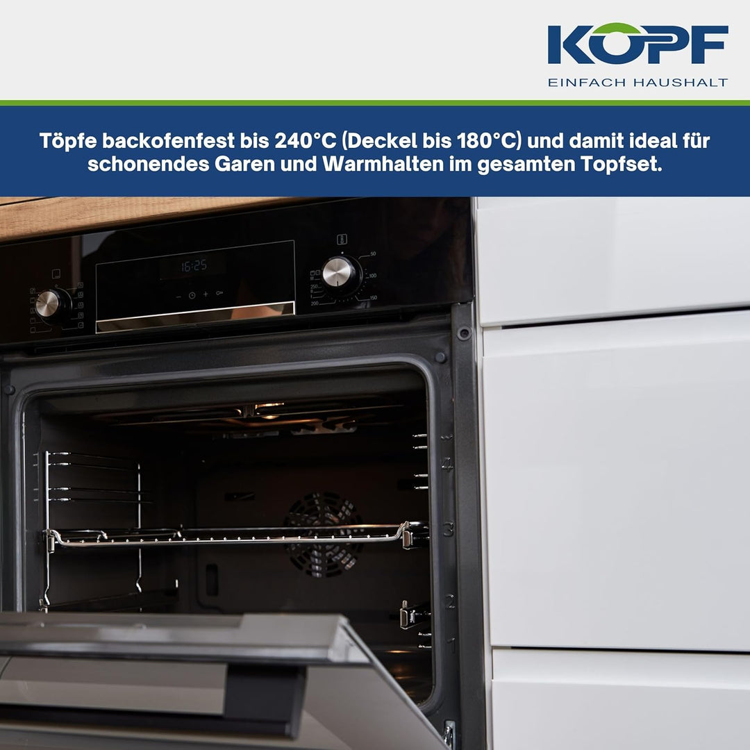 Kopf Topfset Merkur aus Edelstahl - Induktionstöpfe mit Schüttrand, Literskala und Glasdeckel – 6-te