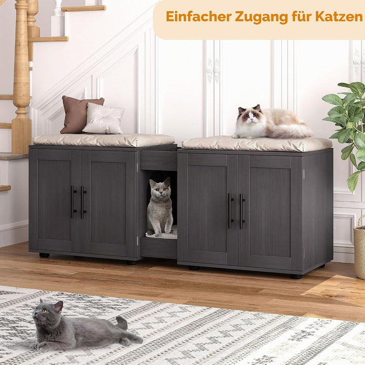 Katzenklo-Schrank für 2 Katzen – Grosses Doppelzimmer-Katzenhaus, verstecktes Katzenklo-Möbel mit Sc