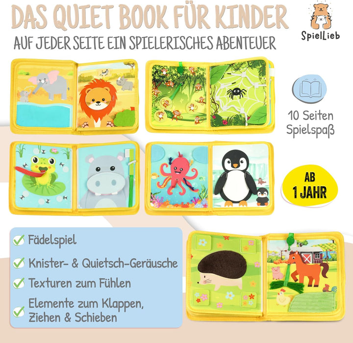Montessori Quiet Book ab 1 Jahr - interaktives Busy Board ab 1 Jahr mit Tieren - Quiet Book & Motori