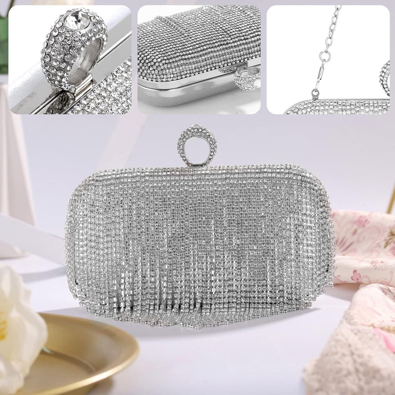 CORIOS Damen Glitzer Clutch Strass Fransen Abendtasche Strass Fransen Abendtasche Braut Handtasche A