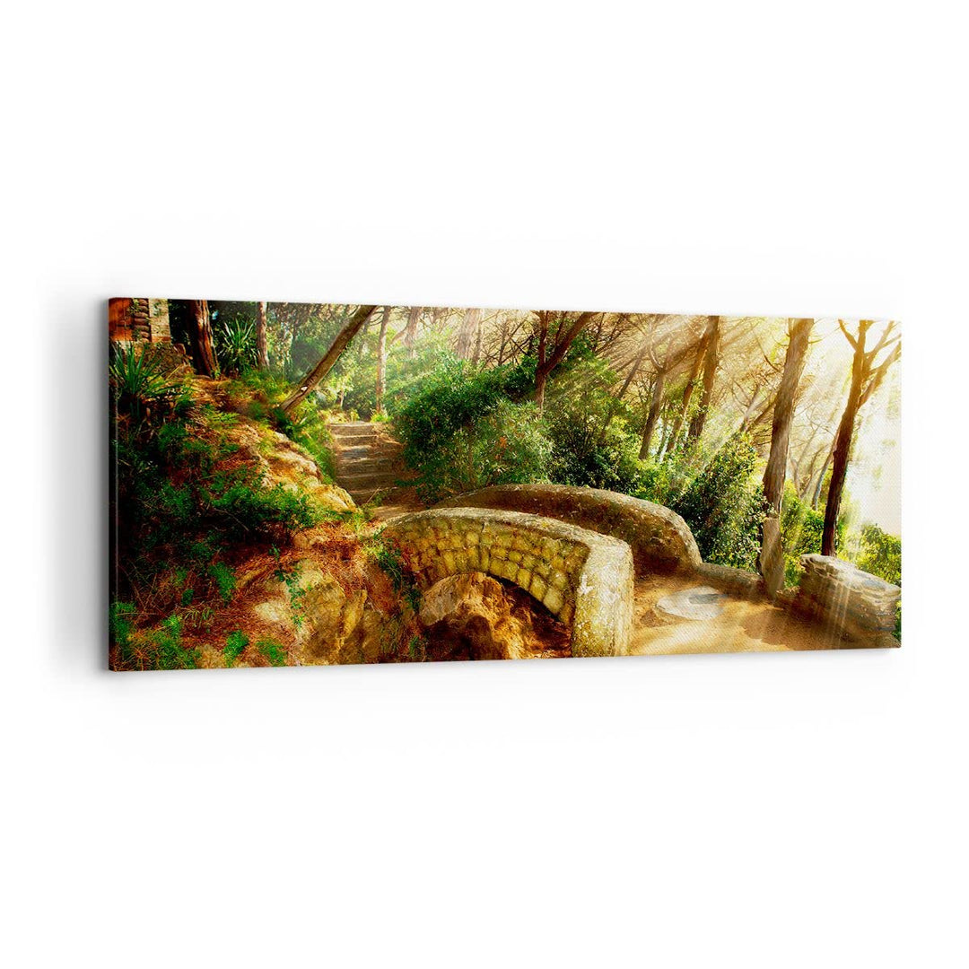 Wandbilder Dekoration Wohnzimmer Pfad Steinbrücke Wald Herbst Panorama Bilder auf Leinwand 120x50cm