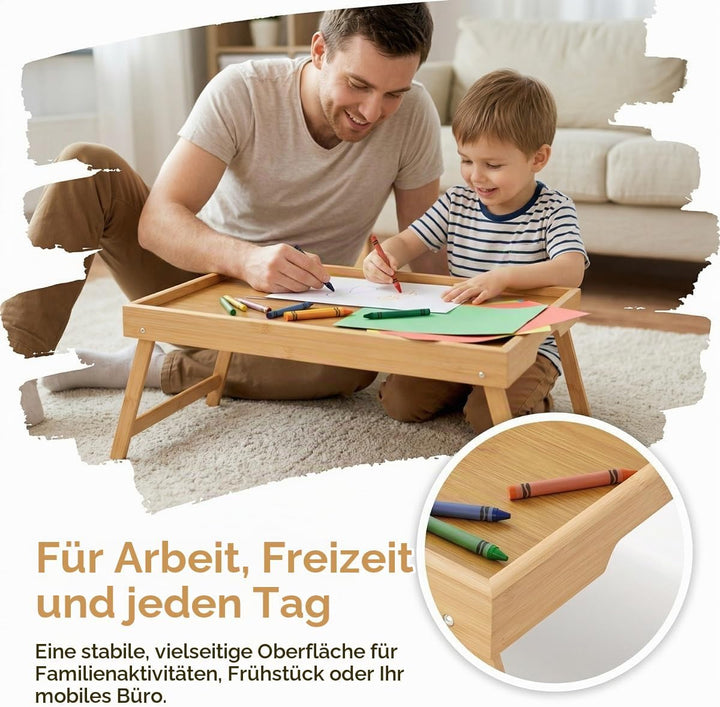 Betttablett Klappbar Frühstückstablett Bambus Serviertablett erhöhter Rand Klapptisch 40x30x19cm Bet