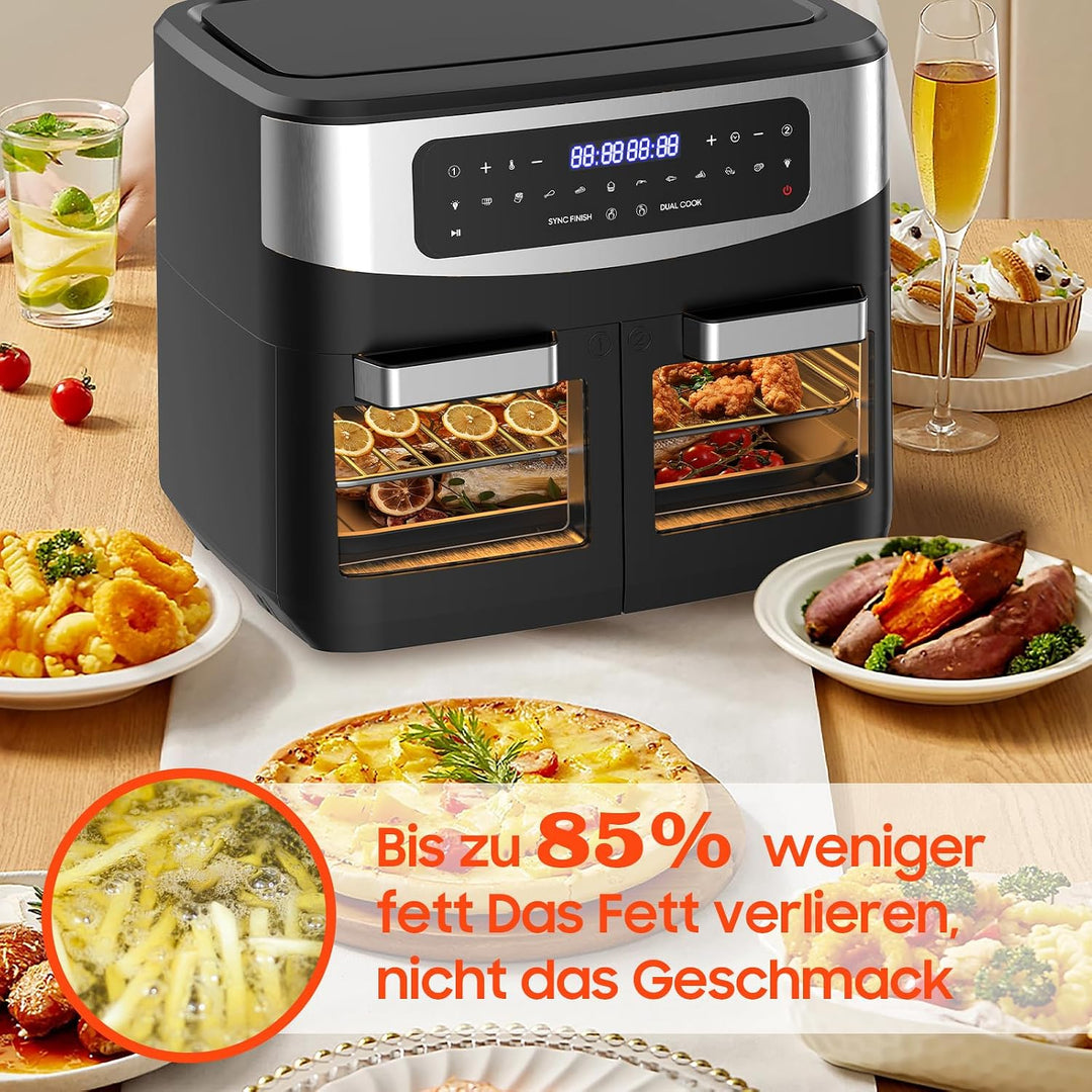 Airfryer Dual Zone 12L - 2600W Heissluftfritteuse mit herausnehmbarem Trenner, XXL Heissluftfritteus