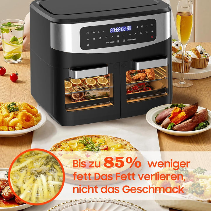 Airfryer Dual Zone 12L - 2600W Heissluftfritteuse mit herausnehmbarem Trenner, XXL Heissluftfritteus