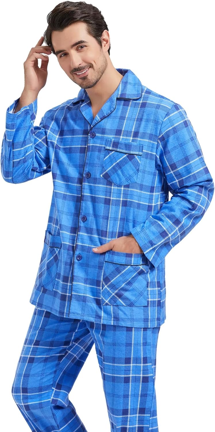 Amaxer Flanell Schlafanzug Herren 100% Baumwolle Pyjama mit Knopfleiste Set Lang Warmer Winter Schla
