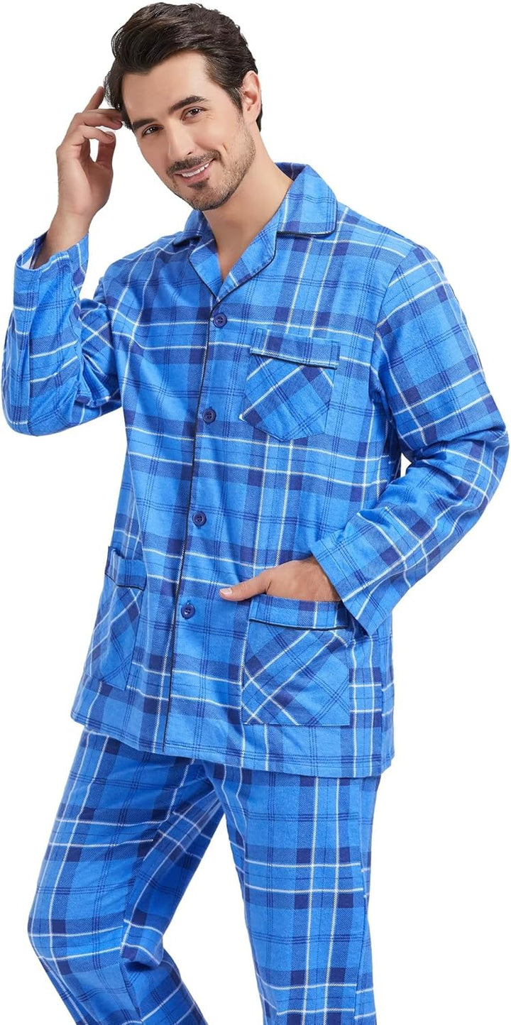 Amaxer Flanell Schlafanzug Herren 100% Baumwolle Pyjama mit Knopfleiste Set Lang Warmer Winter Schla