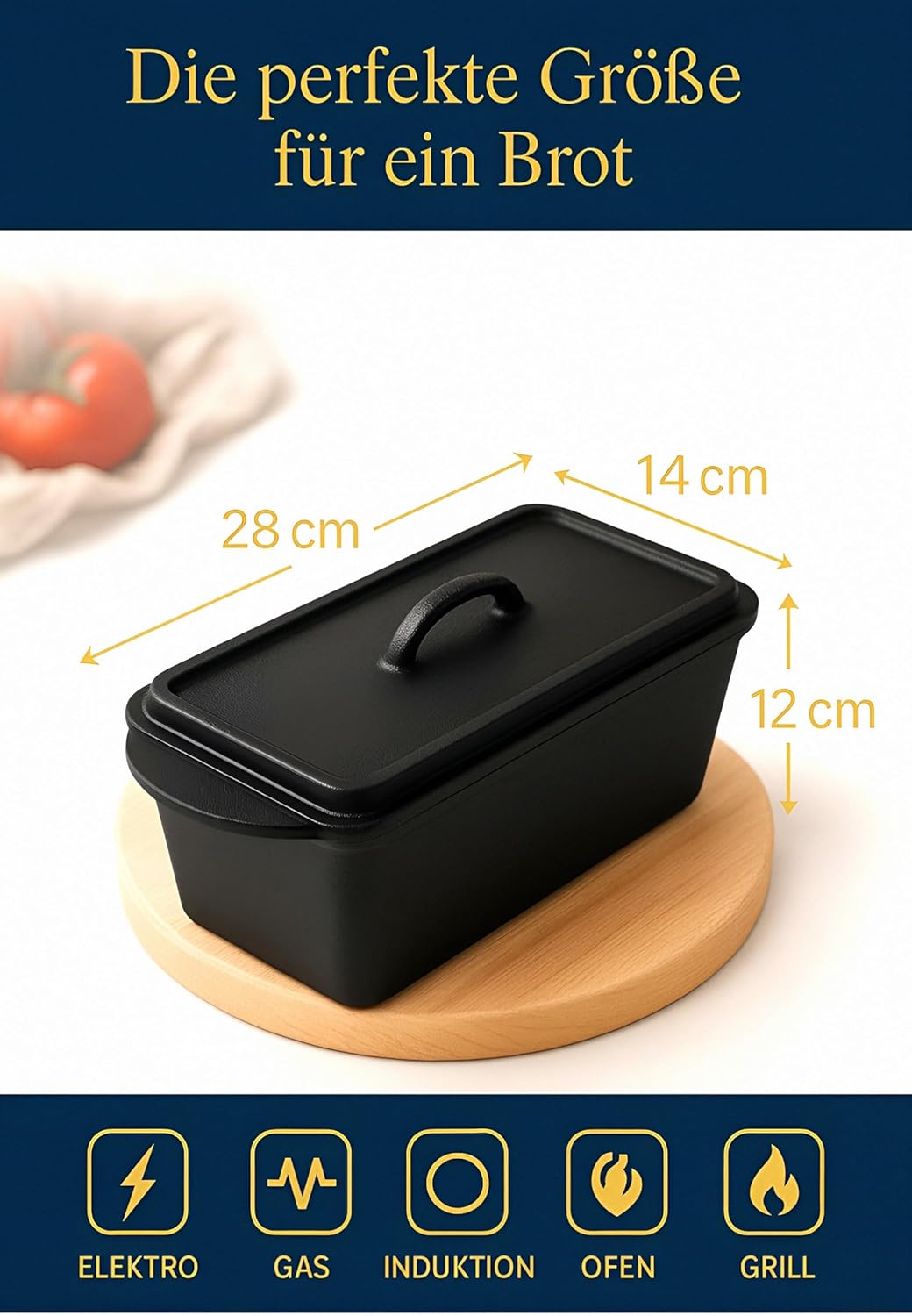 Brotbackform mit Deckel Gusseisen 3L – 28cm – Rechteckiger Bräter für Kastenbrot & Sauerteig, geeign