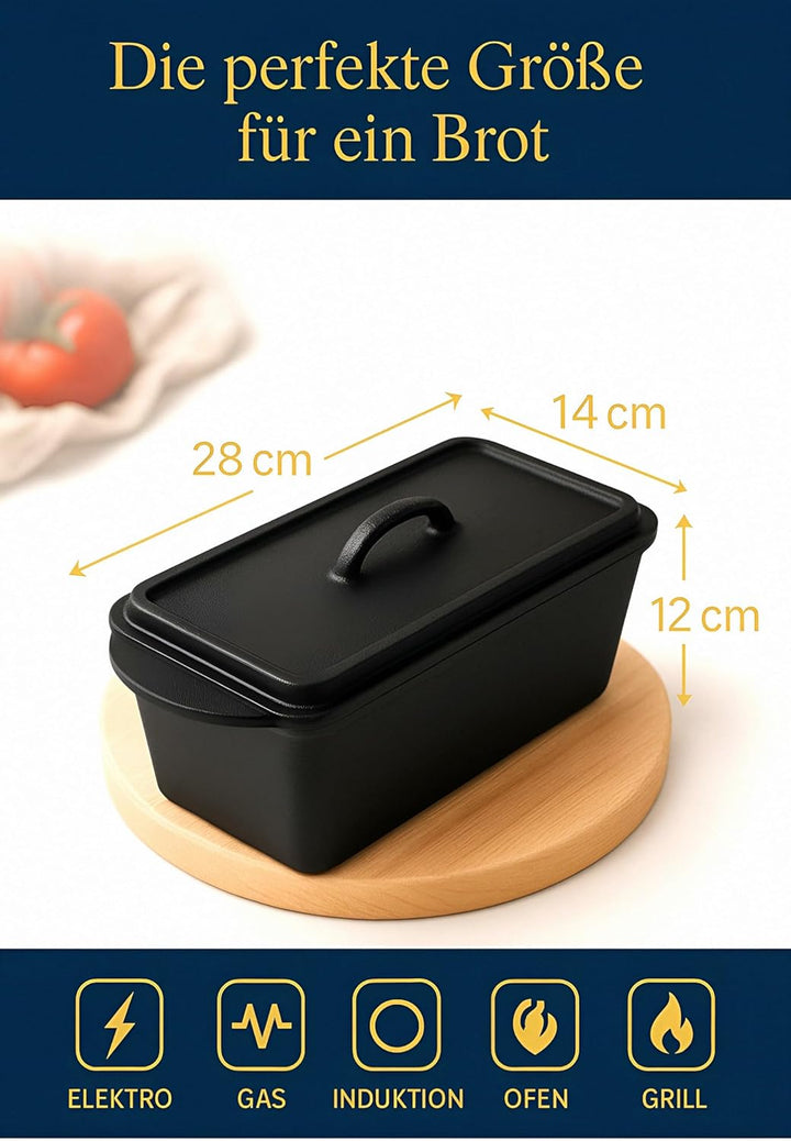Brotbackform mit Deckel Gusseisen 3L – 28cm – Rechteckiger Bräter für Kastenbrot & Sauerteig, geeign