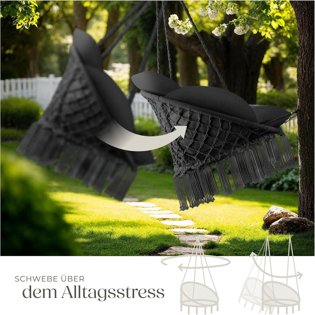 tectake® Hängesessel, Hängeschaukel mit dicken Kissen & Quasten, Boho Hängekorb Ø 80 cm, Hängesessel
