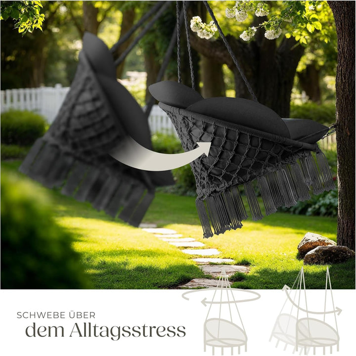 tectake® Hängesessel, Hängeschaukel mit dicken Kissen & Quasten, Boho Hängekorb Ø 80 cm, Hängesessel