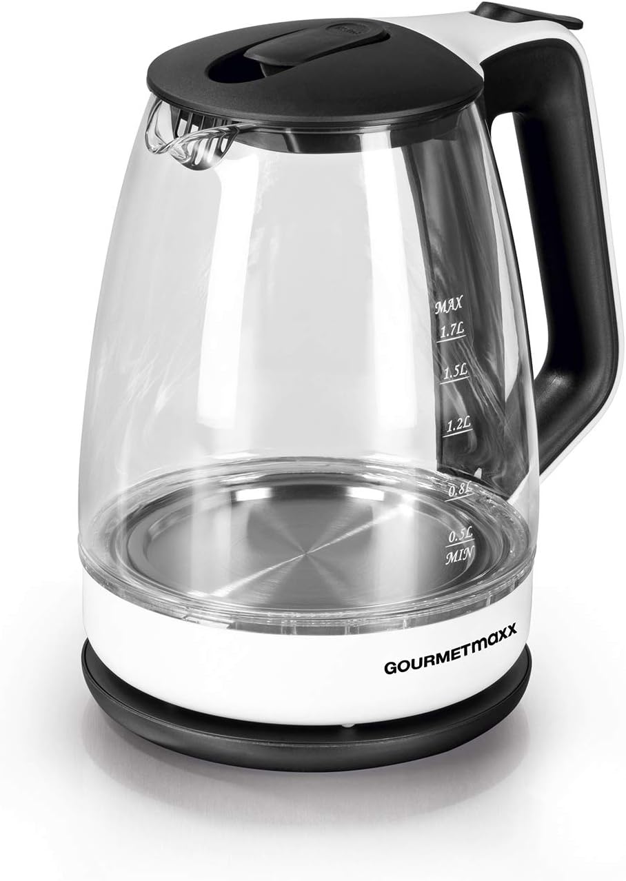 GOURMETmaxx Wasserkocher Glas 1,7 l Füllmenge | LED Beleuchtung | Edelstahl-Chrom-Optik | Elektrisch