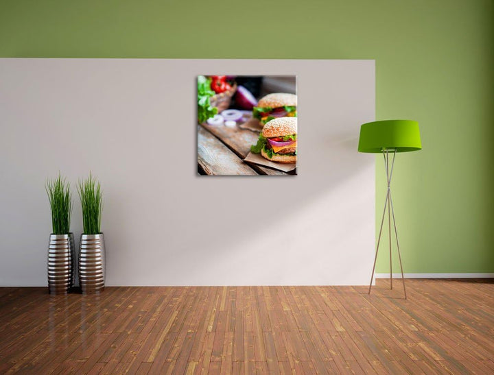 Pixxprint Leckere Burger, Format: 70x70 auf Leinwand, XXL riesige Bilder fertig gerahmt mit Keilrahm